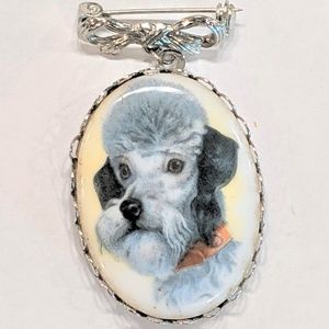 Vintage Dog Cameo Brooch Pin Ceramic Poodle Brooch